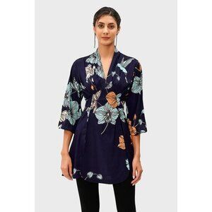 Eshakti Wayward Fancies Pleated Floral Bird Print Tie Back Top Size 3X